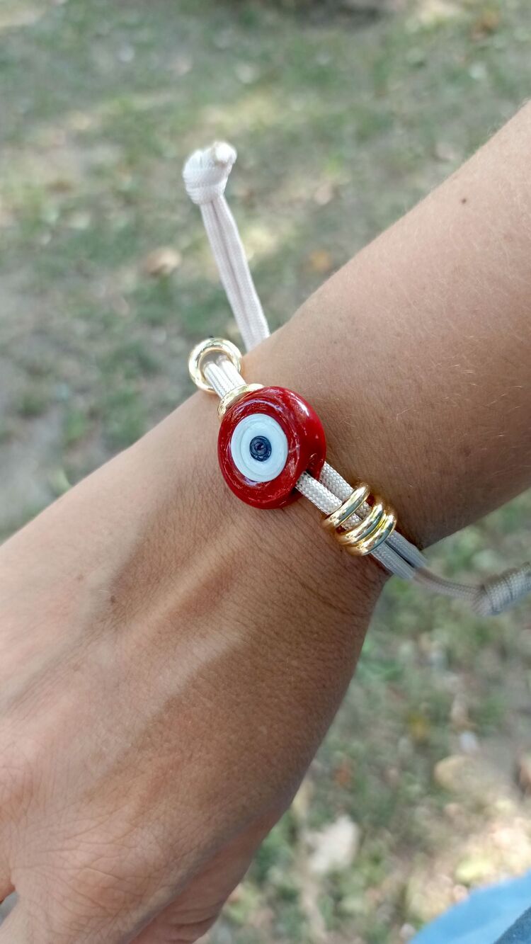 Bordo Cam Boncuk Detaylı Bej İp Bileklik