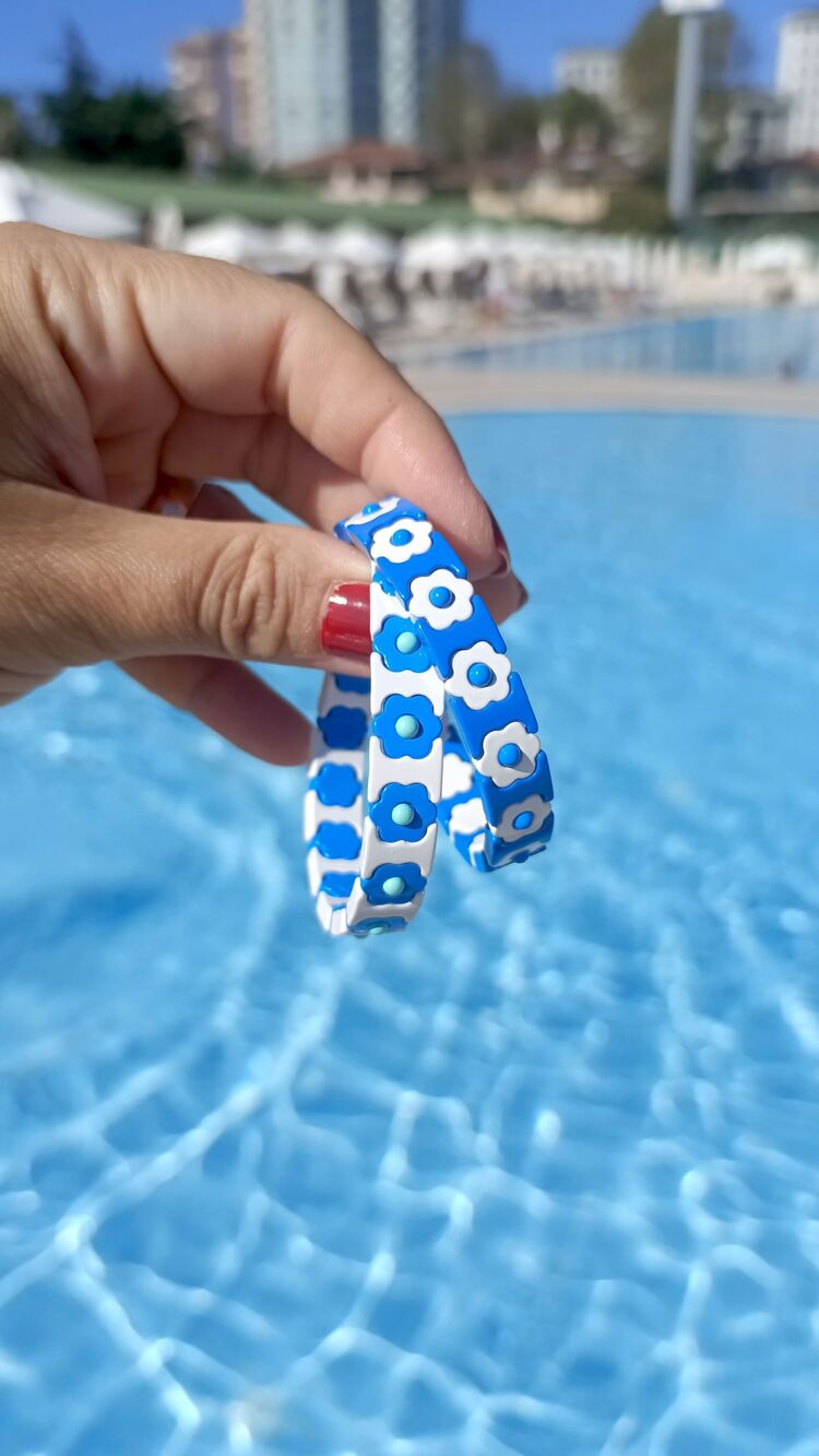 Mavi Çiçekli Beyaz Seramik Bileklik