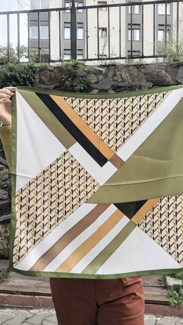 Yağ Yeşili Geometrik Desenli Fular