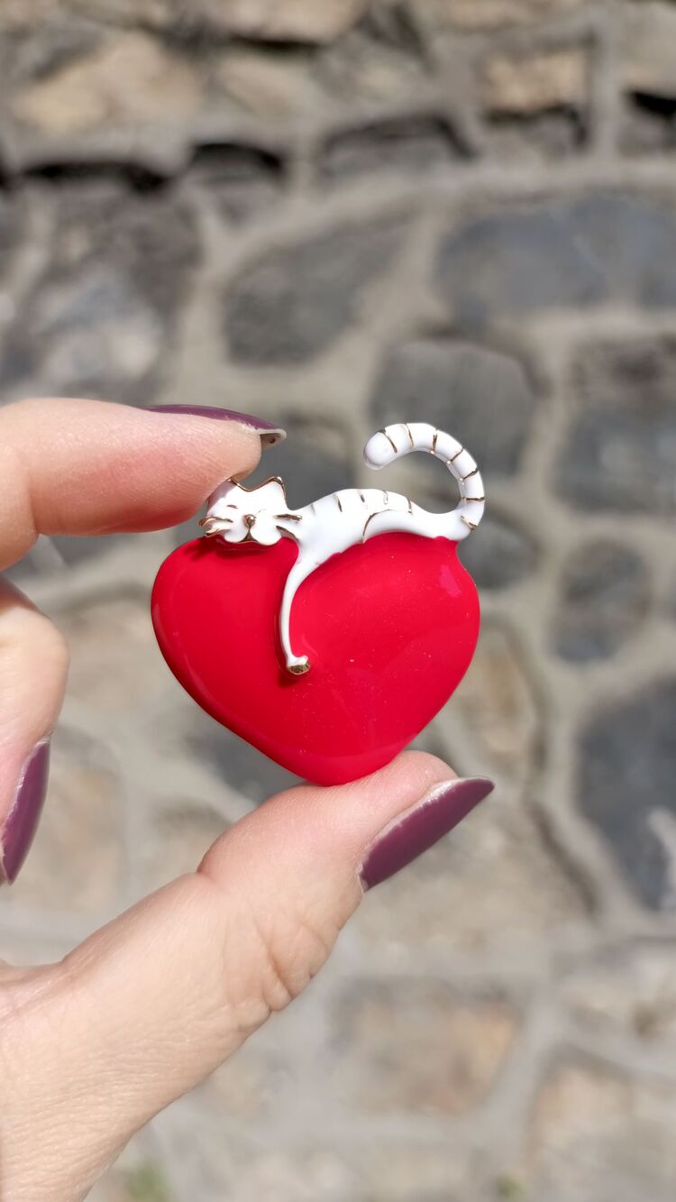 Kırmızı Kalpte Beyaz Kedi Broş