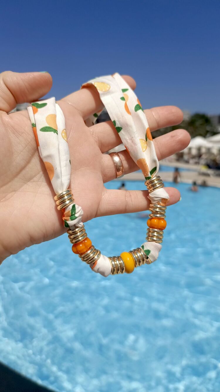 Portakal Limon Desenli Cam Boncuklu Fular Kolye