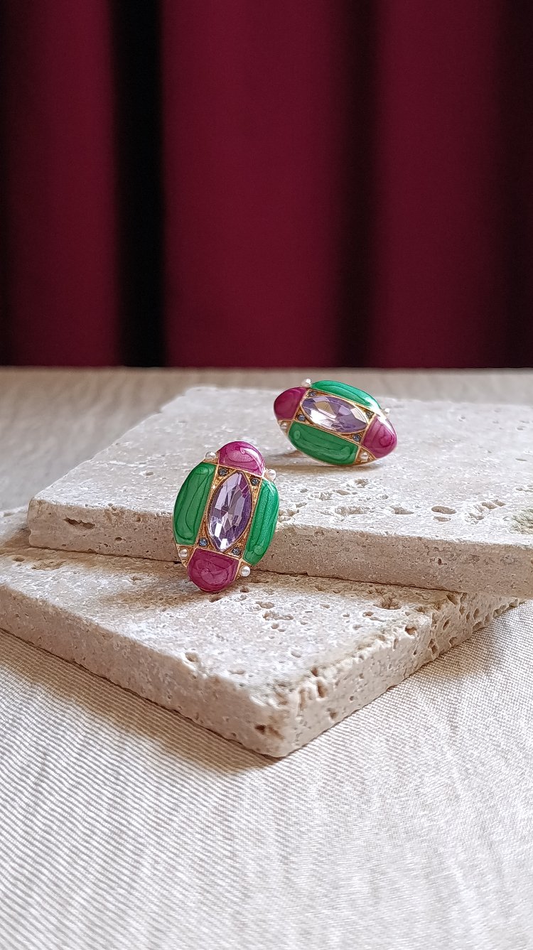 Yeşil-Fuşya Mineli Oval Küpe