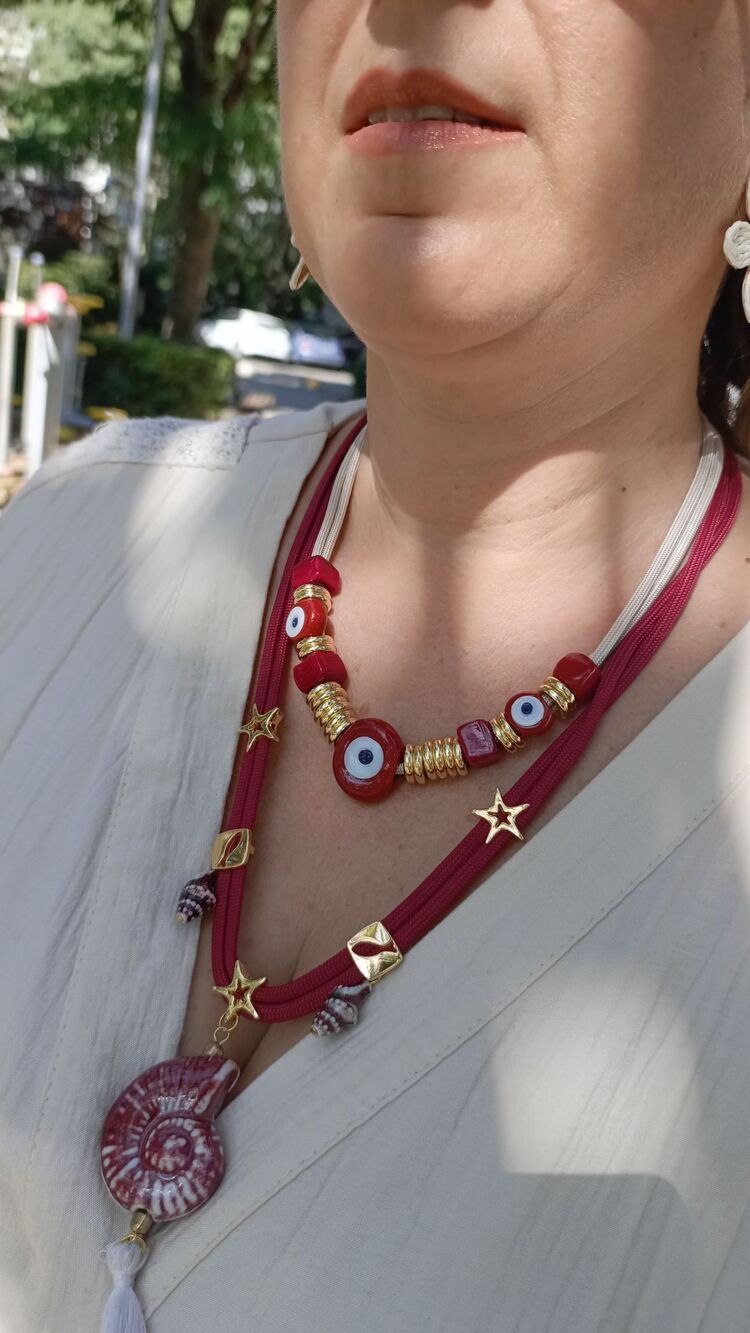 Bordo Nazar Boncuk Detaylı Bej Rengi İp Kolye