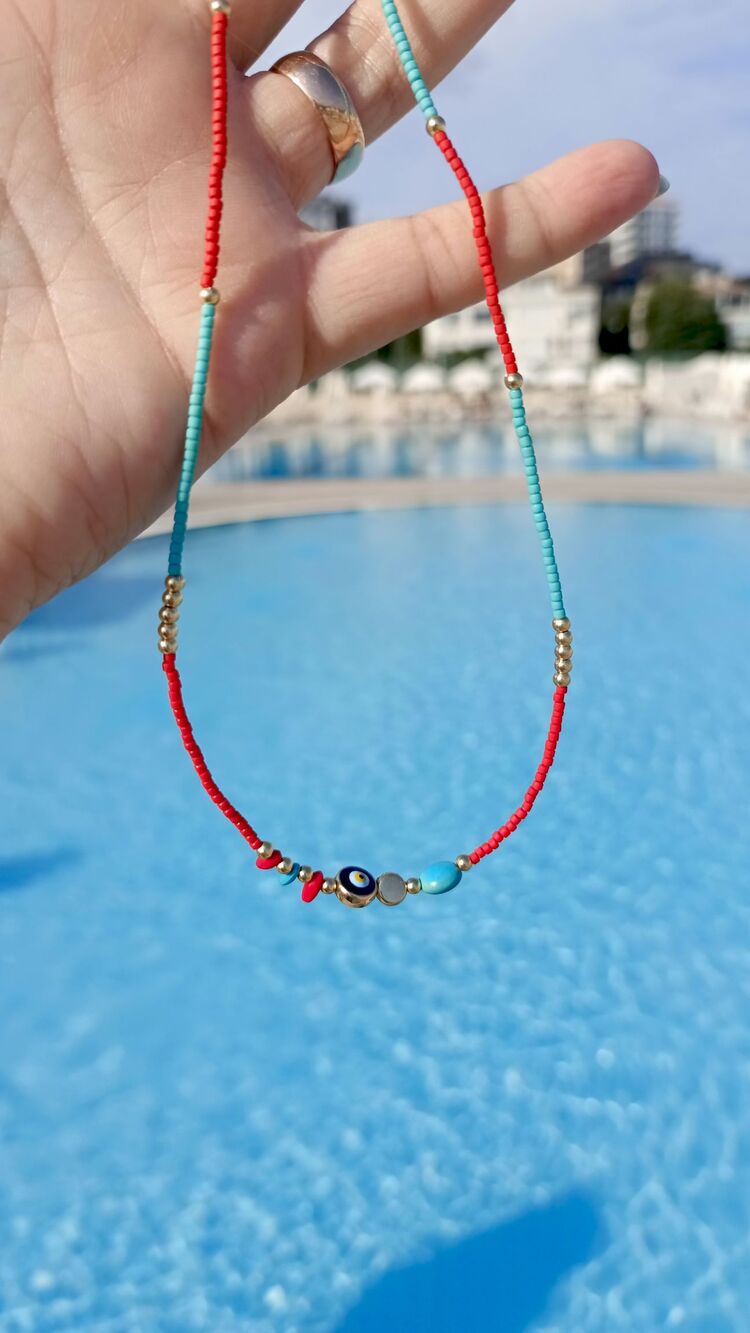 Nazar Detaylı Kırmızı Turkuaz Kolye
