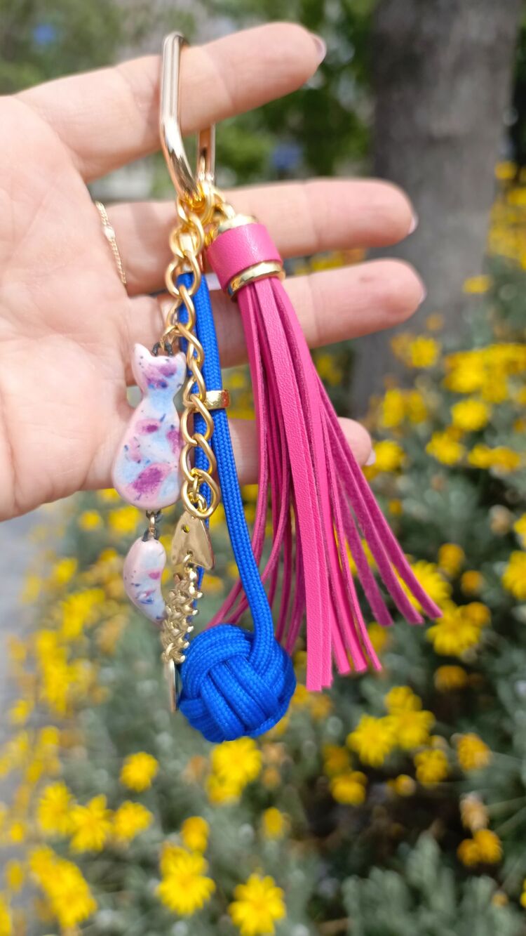 Kedi ve Balık Detaylı Pembe Charm