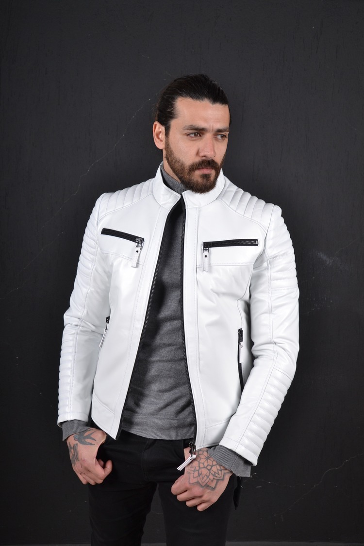 Erkek Beyaz Hakiki Deri Ceket