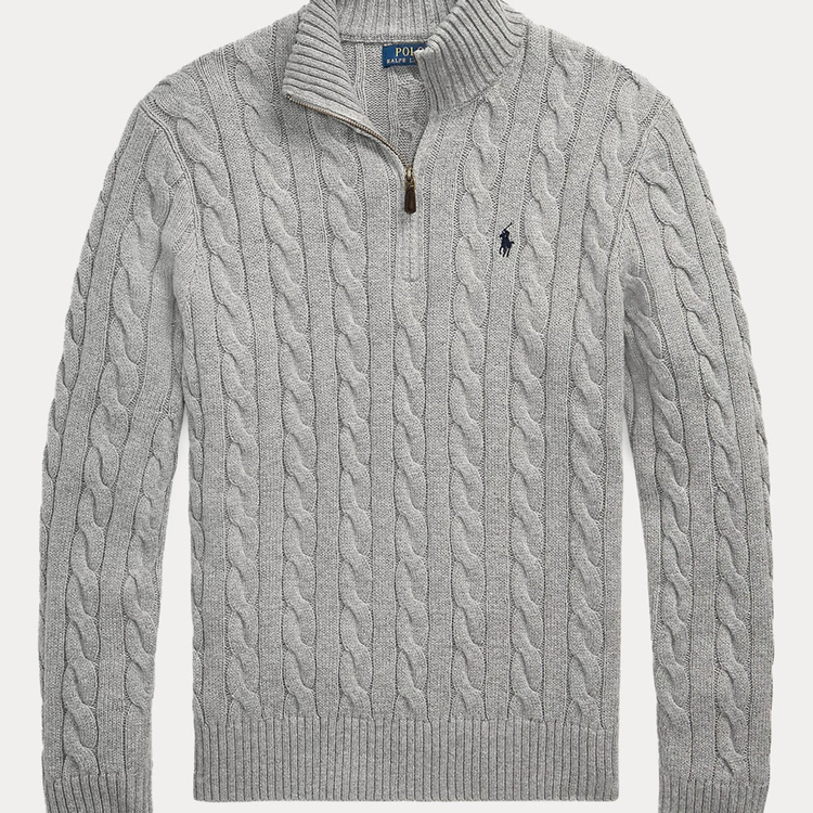 RL Gri Half-Zip %100 Cotton Knitwear 
