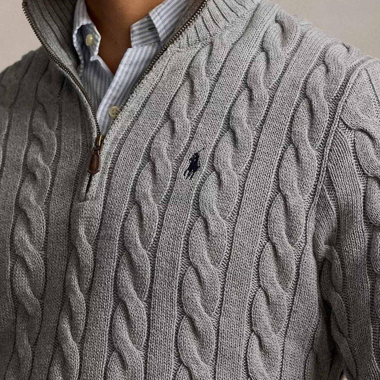 RL Gri Half-Zip %100 Cotton Knitwear 