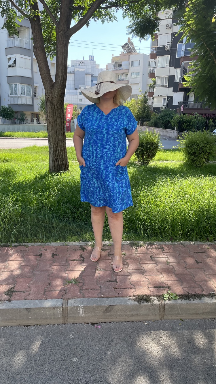 Mavi Turkuaz Cepli Viskon Elbise