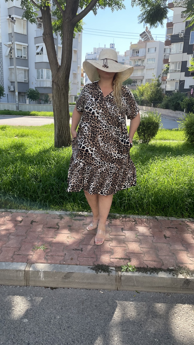Leopar Desenli Kruvaze Viskon Elbise