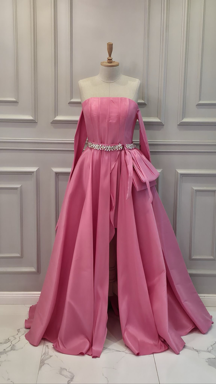 PEMBE TAŞLI KEMER DETAY GECE ELBİSESİ