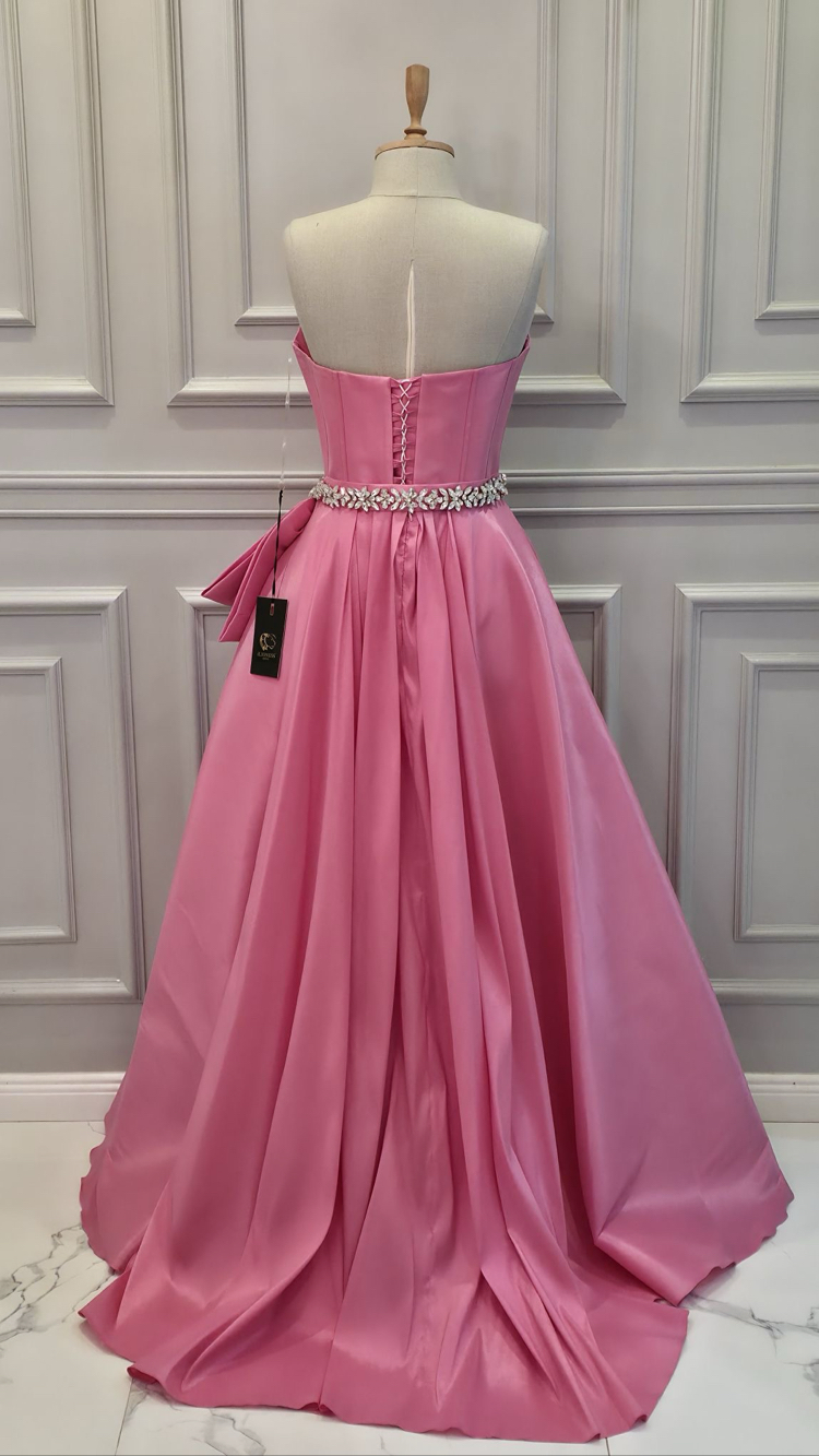 PEMBE TAŞLI KEMER DETAY GECE ELBİSESİ