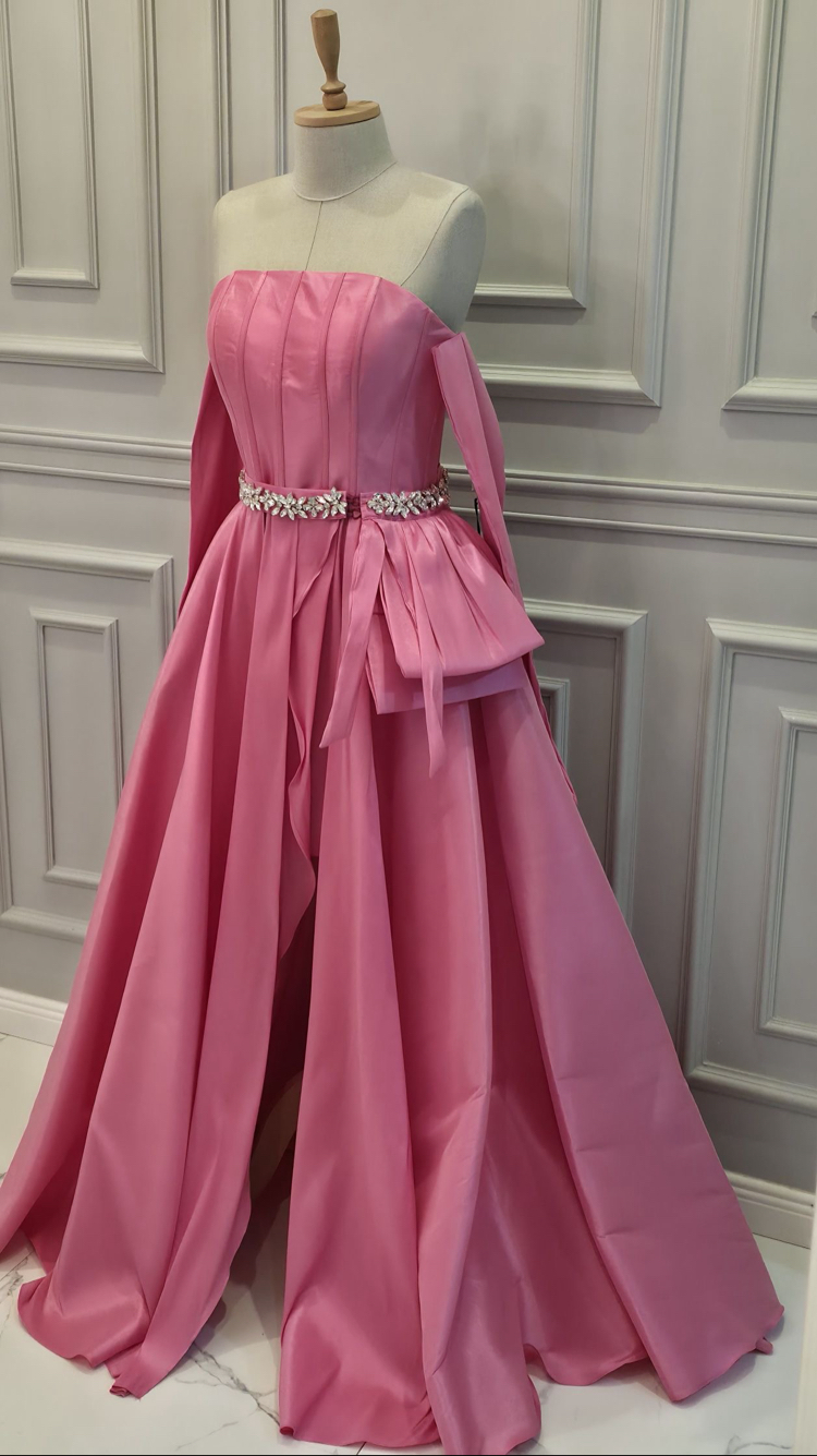 PEMBE TAŞLI KEMER DETAY GECE ELBİSESİ