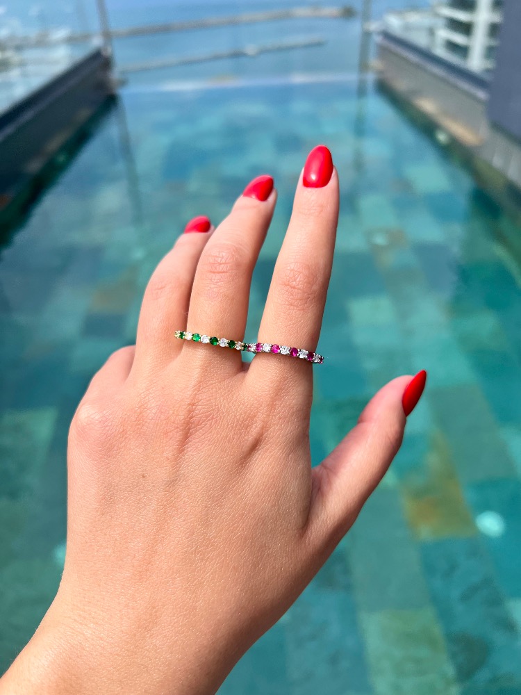Renkli Taşlı Minimal Eklem Yüzüğü (Pembe & Yeşil)