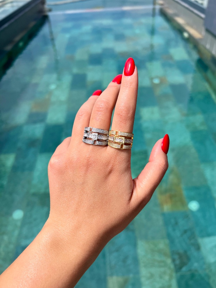 Baget Taşlı Geniş Band Yüzük | Silver & Gold Seçenekli