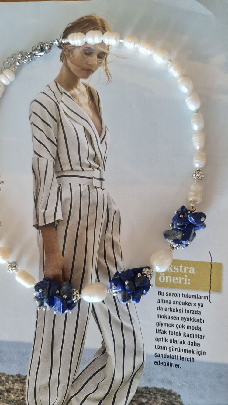 Gerçek İnci ve Lapis Lazuli Doğaltaş Kolye