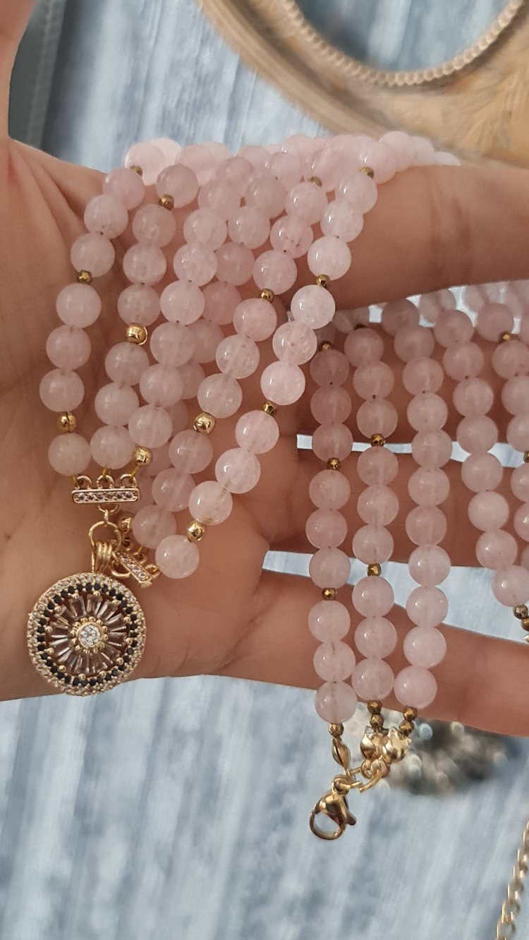Pembe Kuvars Doğaltaş Tasarım Kolye
