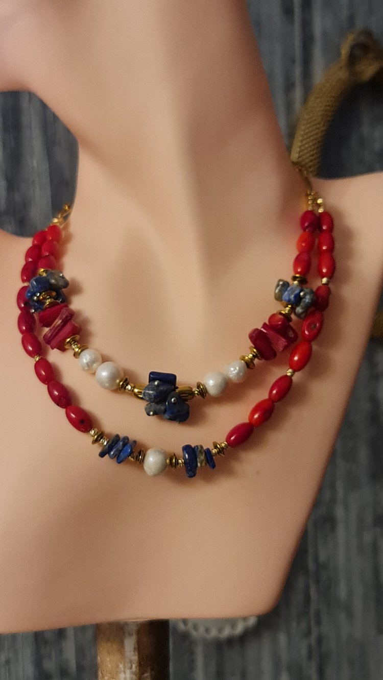 Mercan, Lapis Lazuli, Hematit ve İnci Kolye