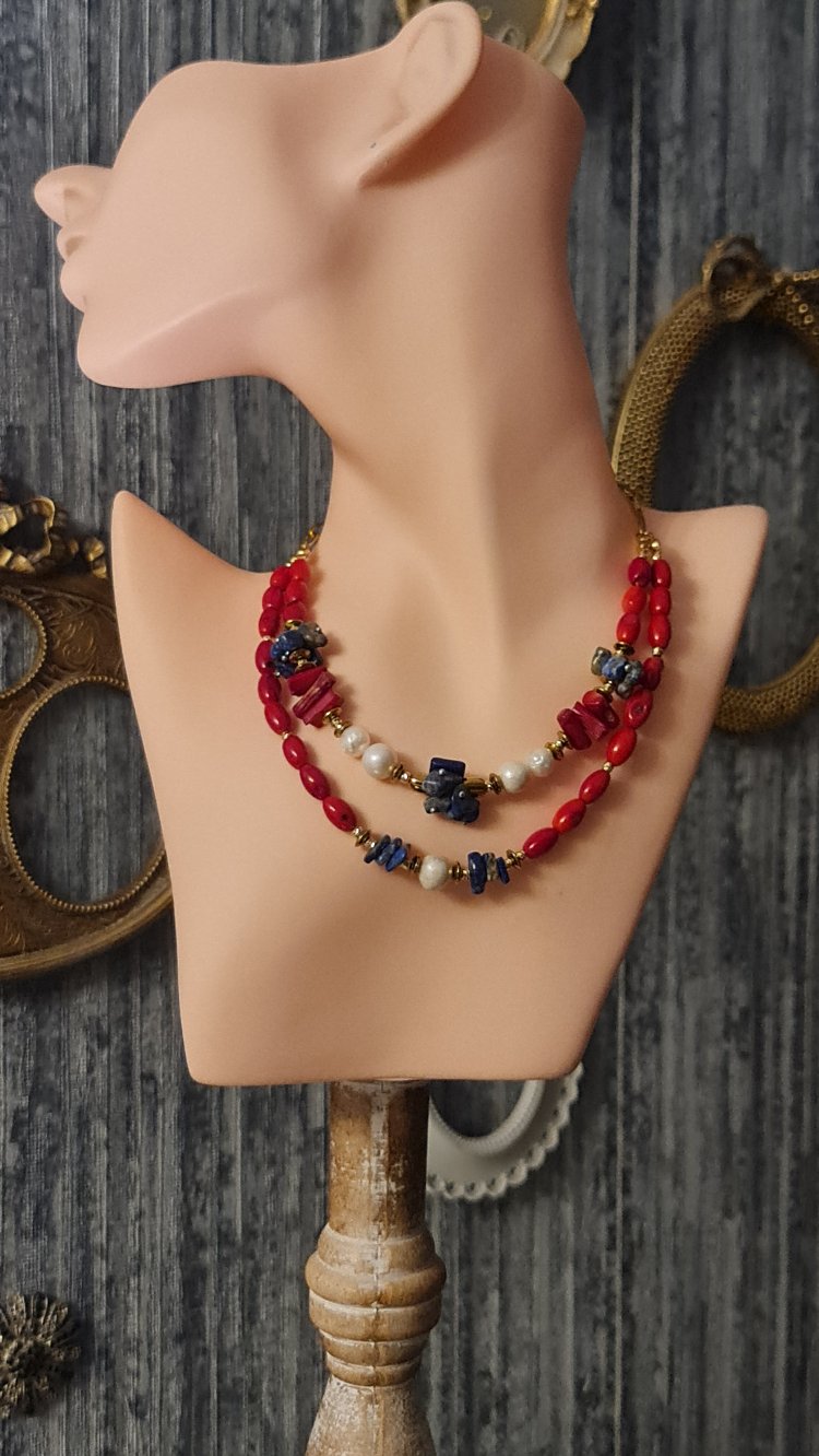 Mercan, Lapis Lazuli, Hematit ve İnci Kolye