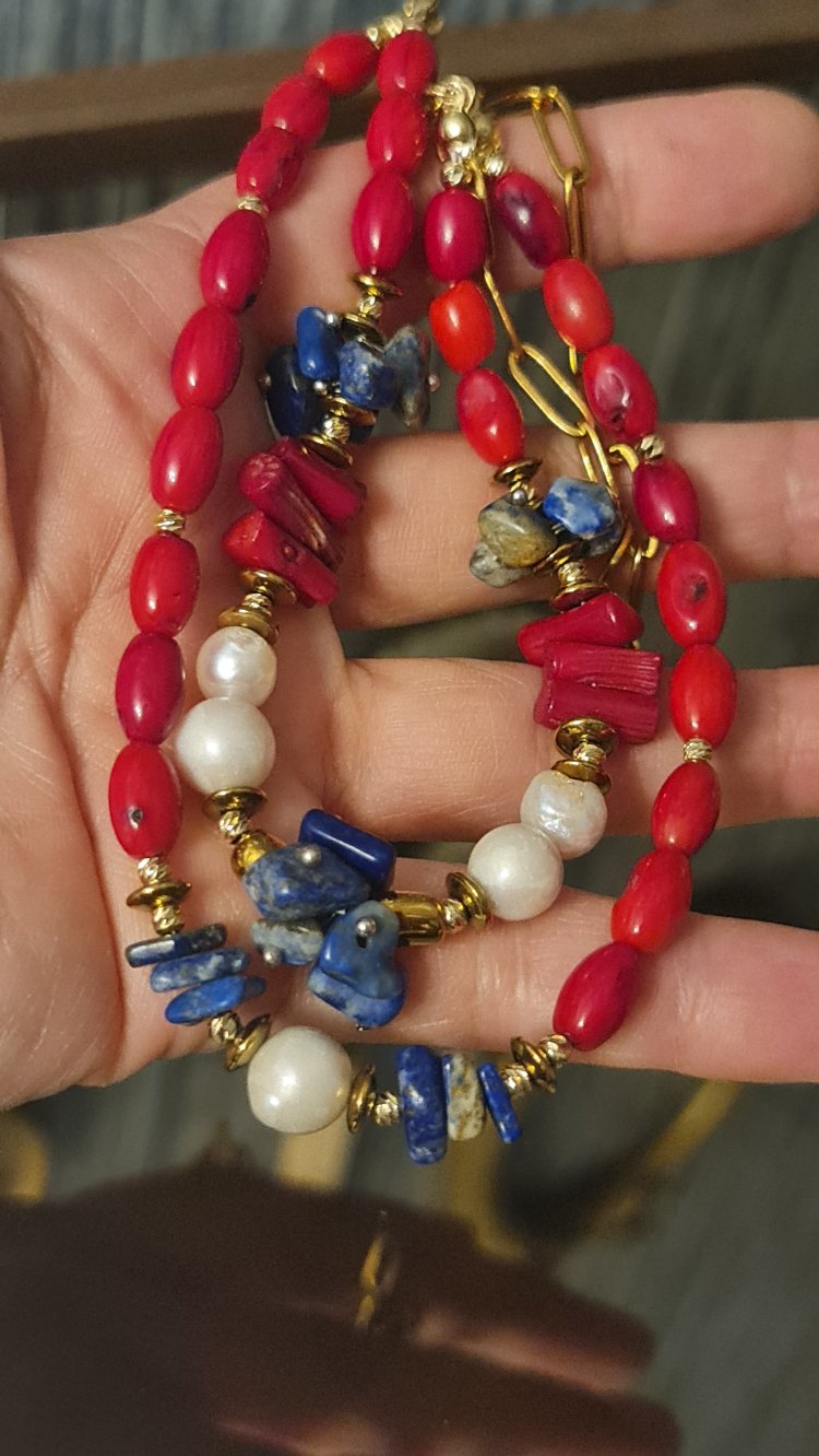 Mercan, Lapis Lazuli, Hematit ve İnci Kolye
