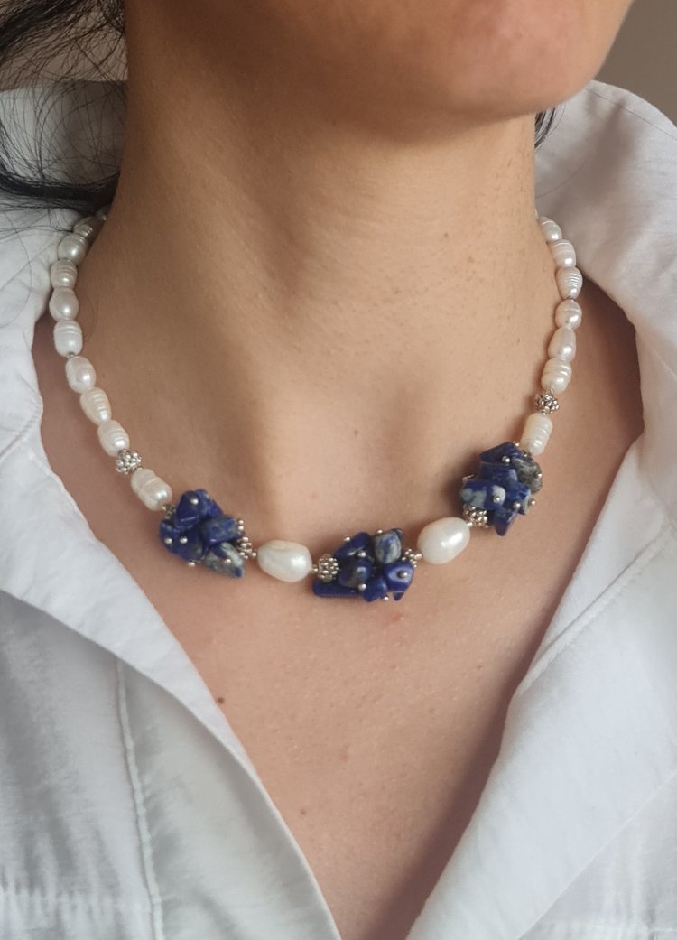 Gerçek İnci ve Lapis Lazuli Doğaltaş Kolye