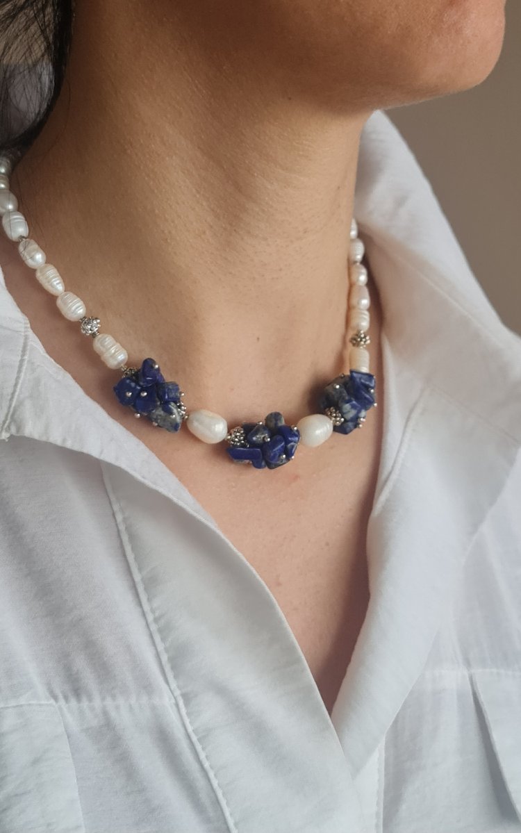Gerçek İnci ve Lapis Lazuli Doğaltaş Kolye