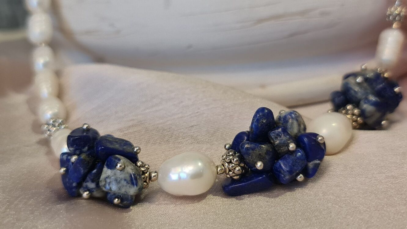 Gerçek İnci ve Lapis Lazuli Doğaltaş Kolye