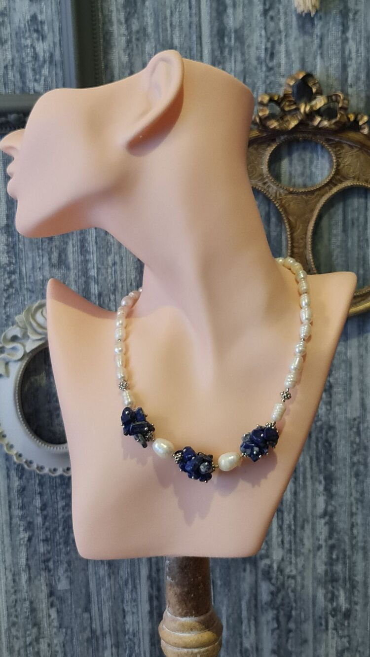 Gerçek İnci ve Lapis Lazuli Doğaltaş Kolye