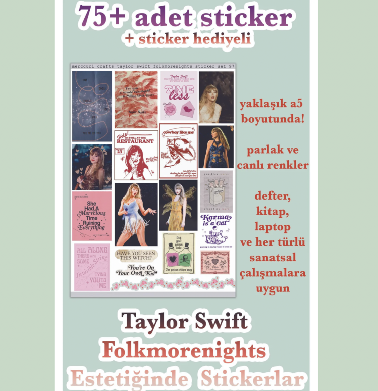 Taylor Swift - 4'lü Sticker (75+ Adet) Sticker Seti Folklore Evermore Midnights
