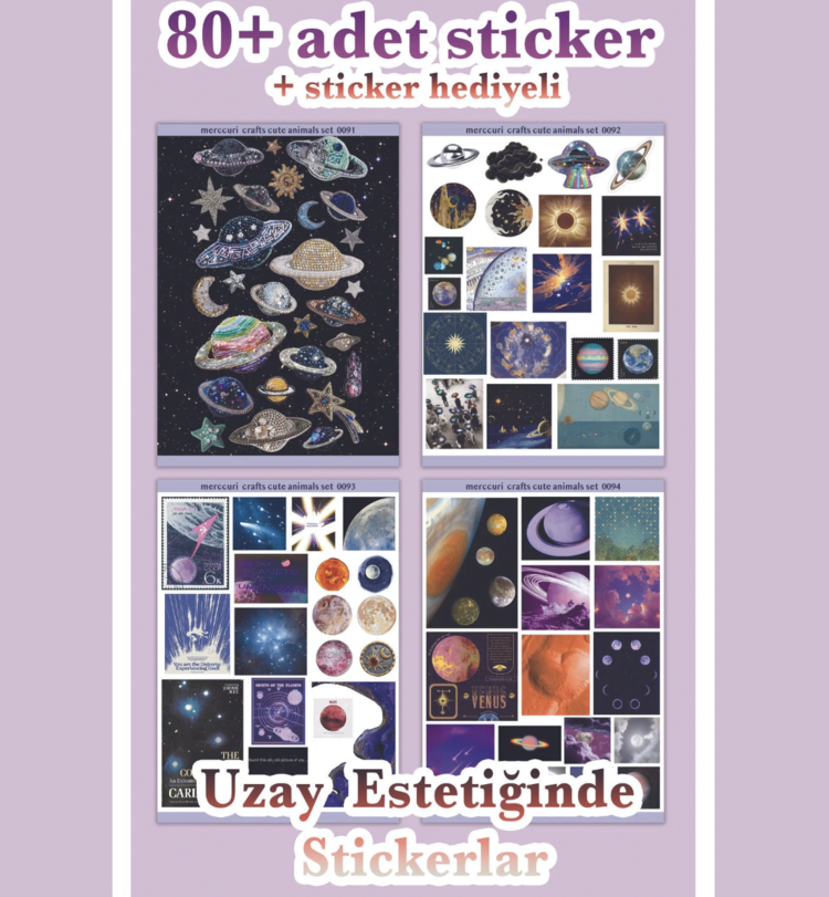 4'lü Sticker (80+ Adet) Uzay Space Estetik Sticker Seti - Etiket Planner Ajanda Laptop İçin