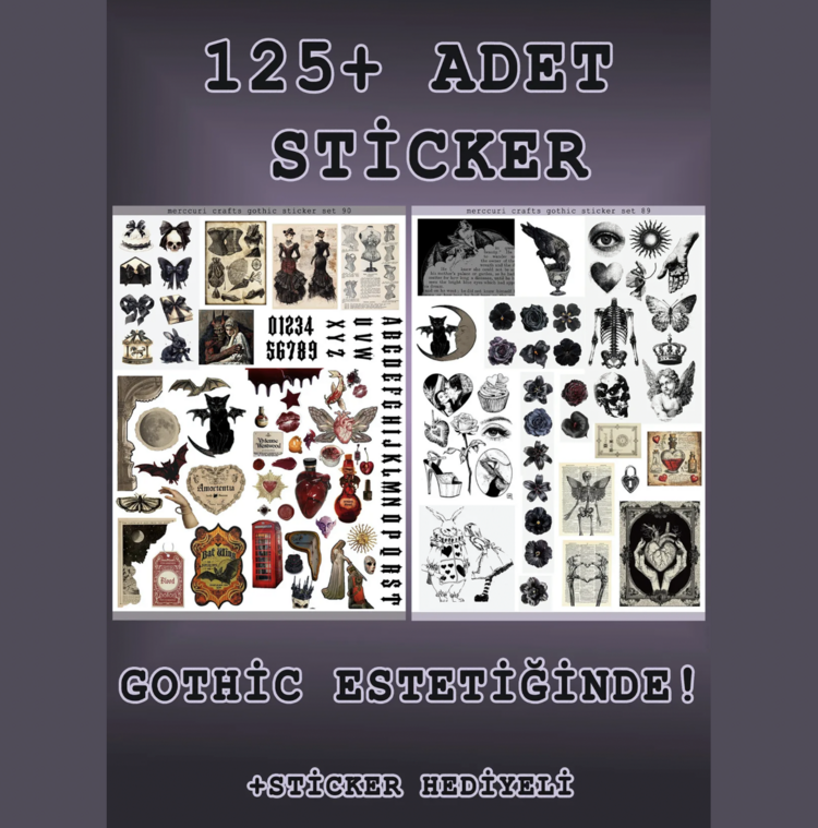 2'li Sticker Büyük Boy (125+ adet) Gothic Sticker Seti - Etiket Planner Ajanda Laptop İçin