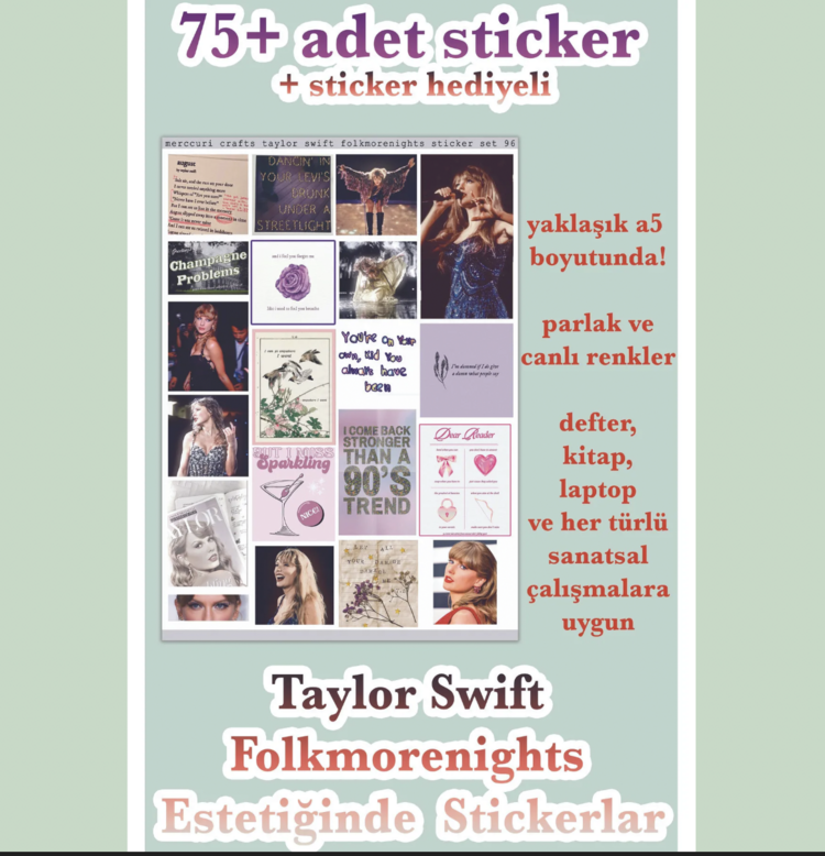 Taylor Swift - 4'lü Sticker (75+ Adet) Sticker Seti Folklore Evermore Midnights
