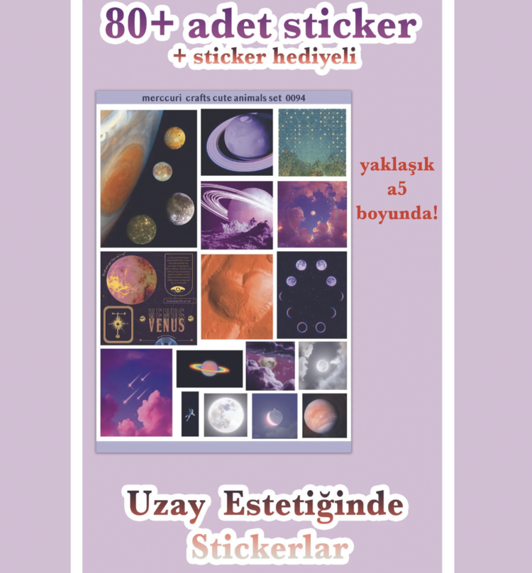 4'lü Sticker (80+ Adet) Uzay Space Estetik Sticker Seti - Etiket Planner Ajanda Laptop İçin