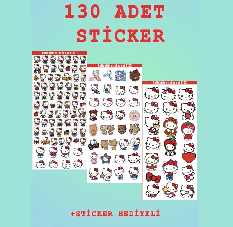 3'lü Sticker (130 adet) Hello Kitty Sticker Seti - Etiket Planner Ajanda Laptop İçin