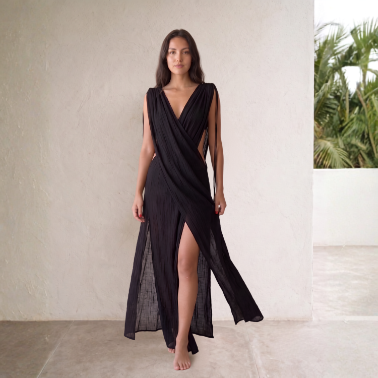 Çapraz Siyah Plaj Elbisesi