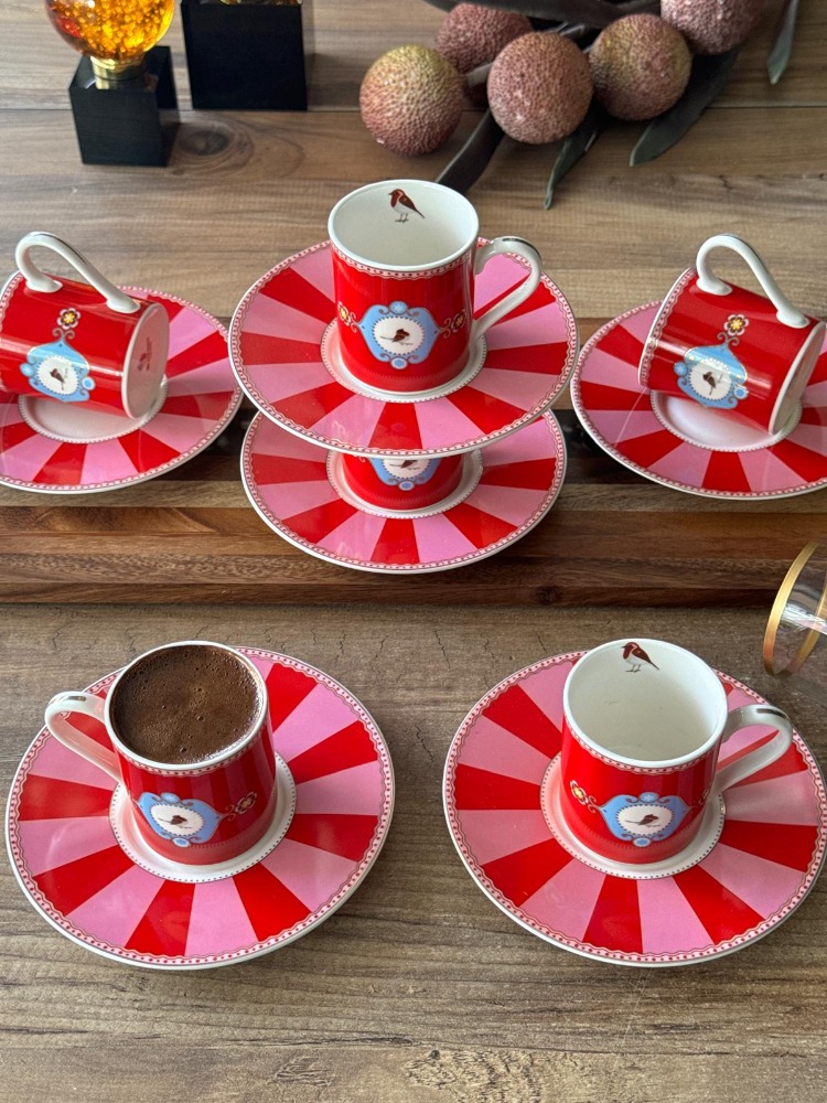Qush Red Türk Kahve Fincan Takımı 6 Kişilik 12 Parça 