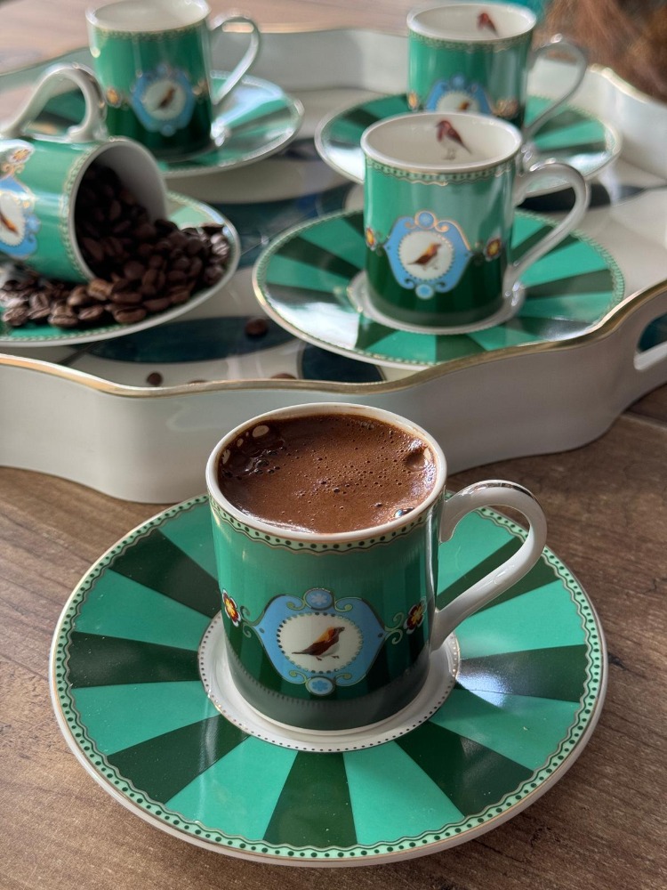 Qush Green Türk Kahve Fincan Takımı 6 Kişilik 12 Parça 