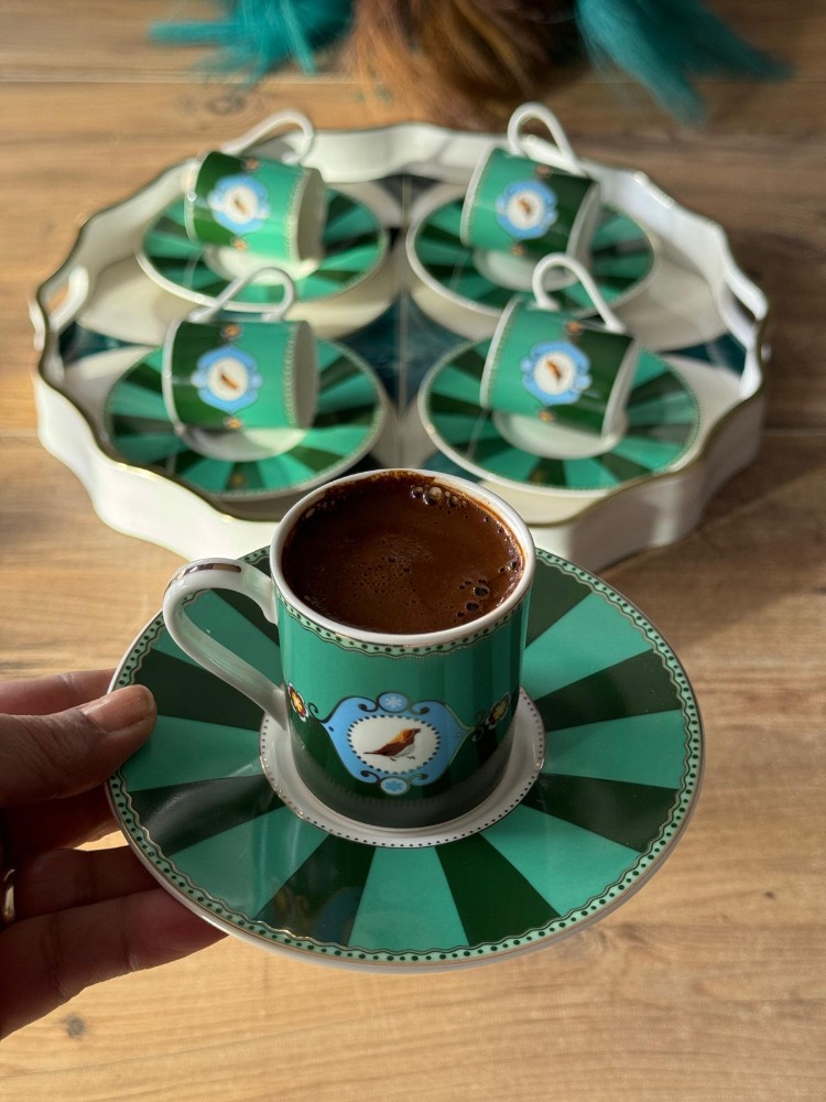 Qush Green Türk Kahve Fincan Takımı 6 Kişilik 12 Parça 
