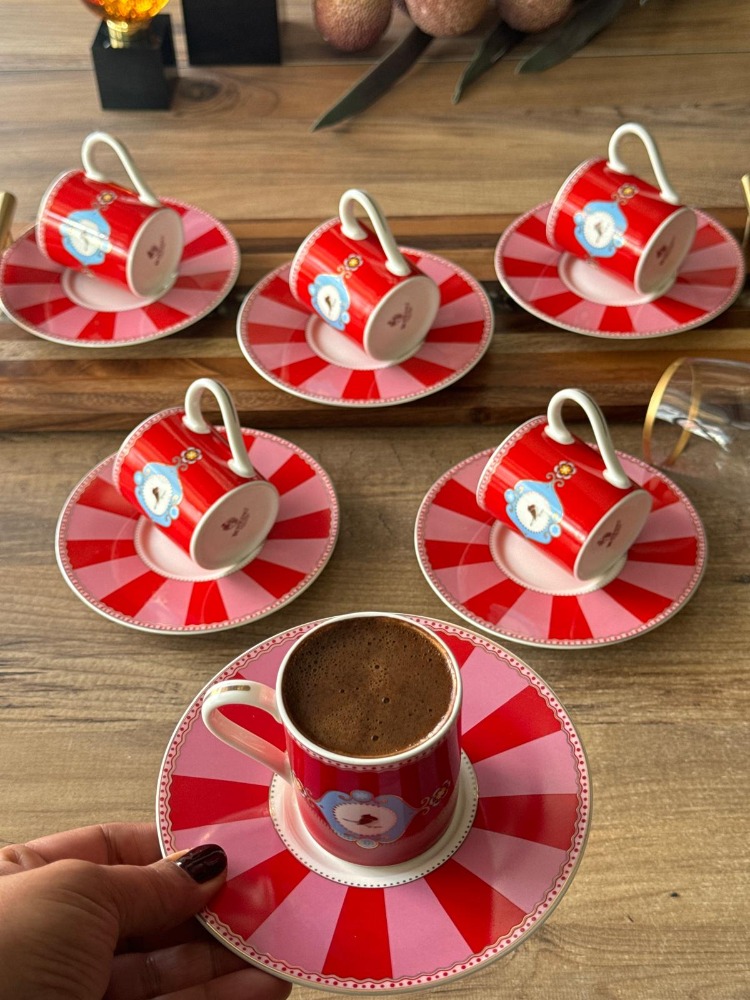 Qush Red Türk Kahve Fincan Takımı 6 Kişilik 12 Parça 