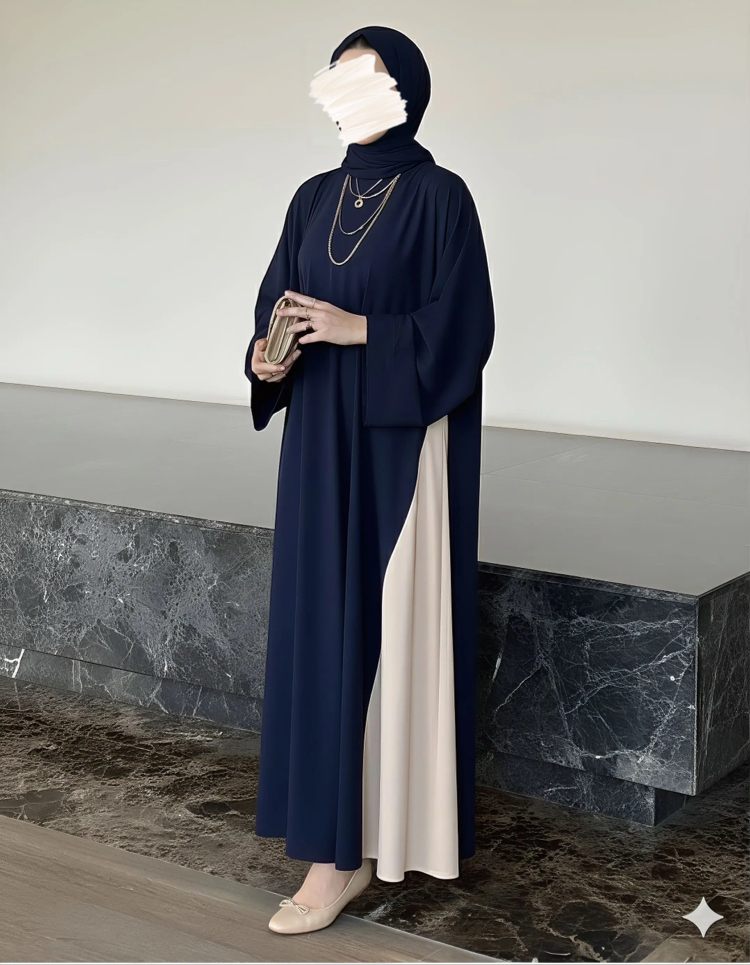 İki Renkli Şık Abaya Lacivert