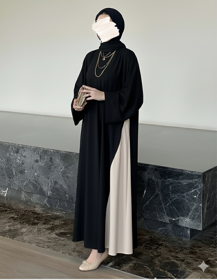 İki Renkli Şık Abaya Siyah