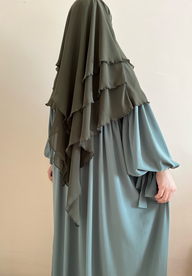 Haki Kısa Khimar & Çağla Elbise