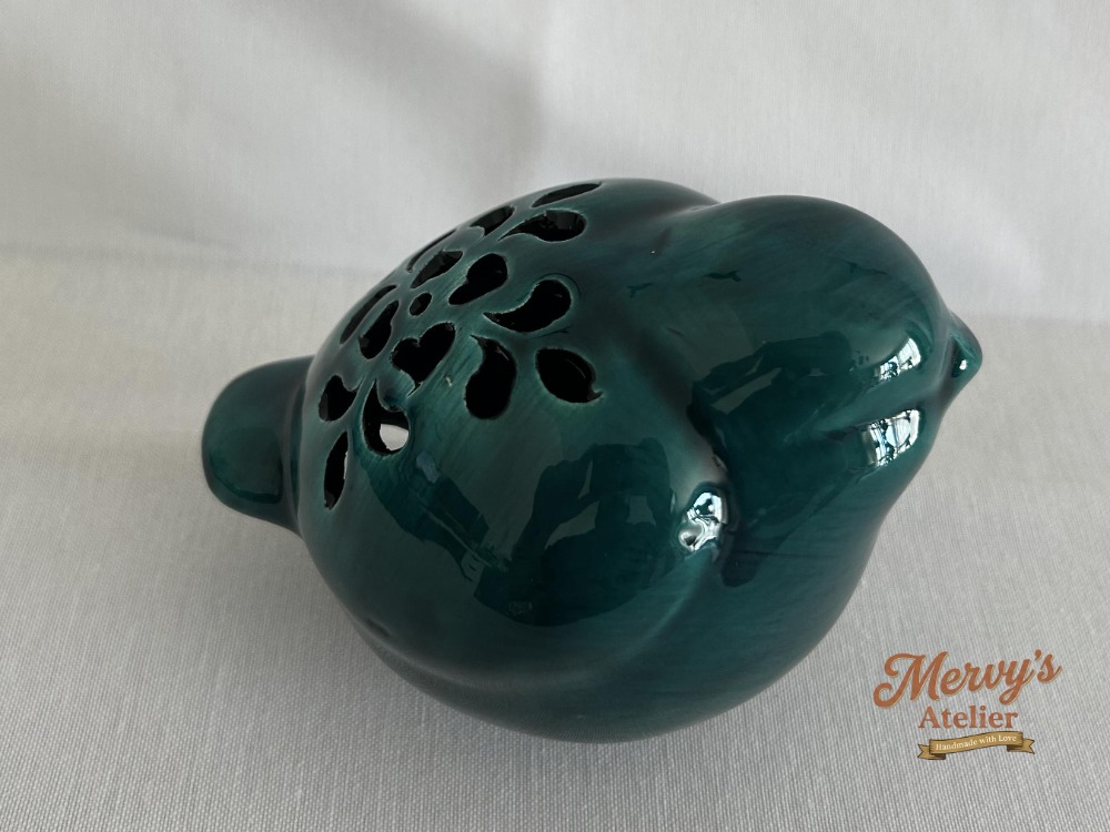 El Yapımı Seramik Kuş Mumluk ve Buhurdanlık – Turkuaz Yeşil Tealight, Aromaterapi Dekoru