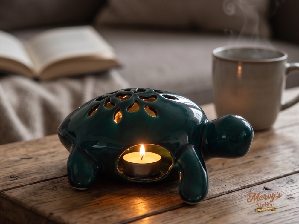El Yapımı Seramik Kaplumbağa Mumluk & Buhurdanlık – Dekoratif Tealight Holder