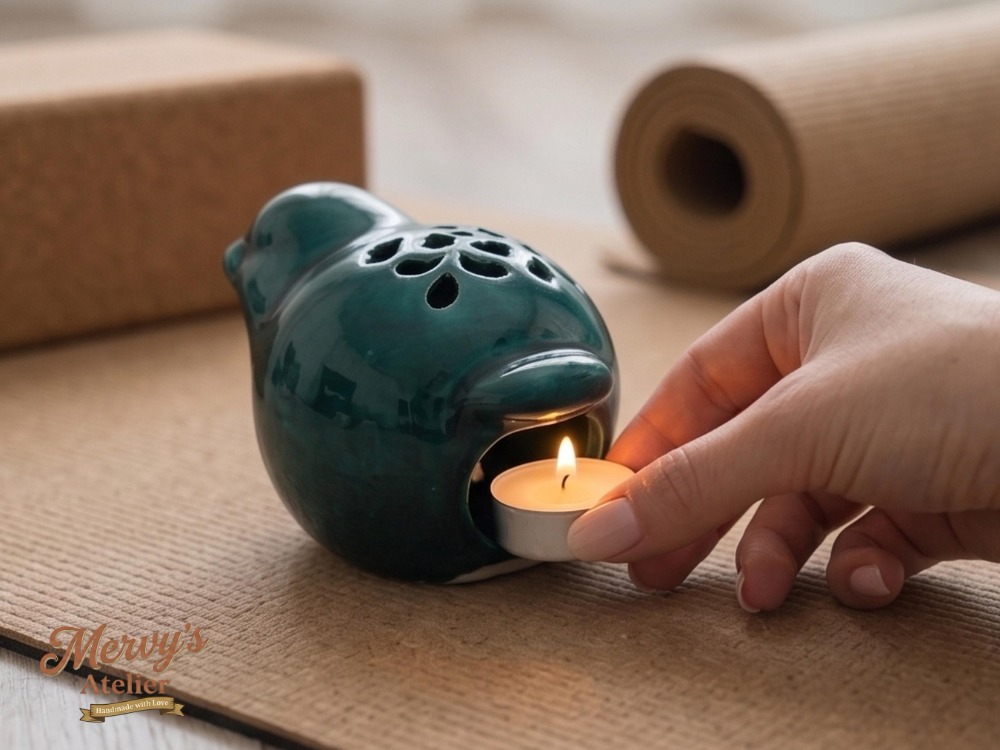 El Yapımı Seramik Kuş Mumluk ve Buhurdanlık – Turkuaz Yeşil Tealight, Aromaterapi Dekoru