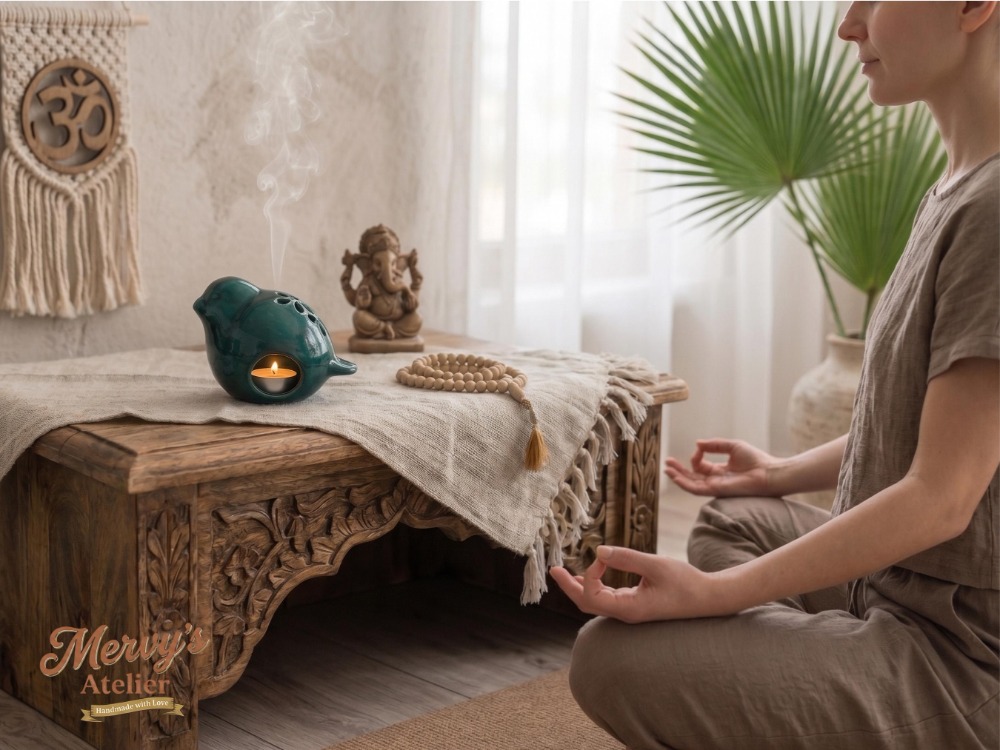 El Yapımı Seramik Kuş Mumluk ve Buhurdanlık – Turkuaz Yeşil Tealight, Aromaterapi Dekoru