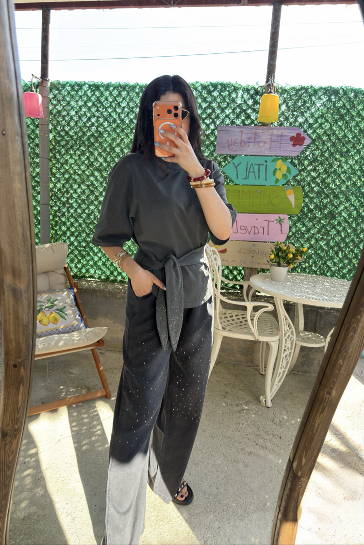 İthal taşlı bel lastikli pantolon