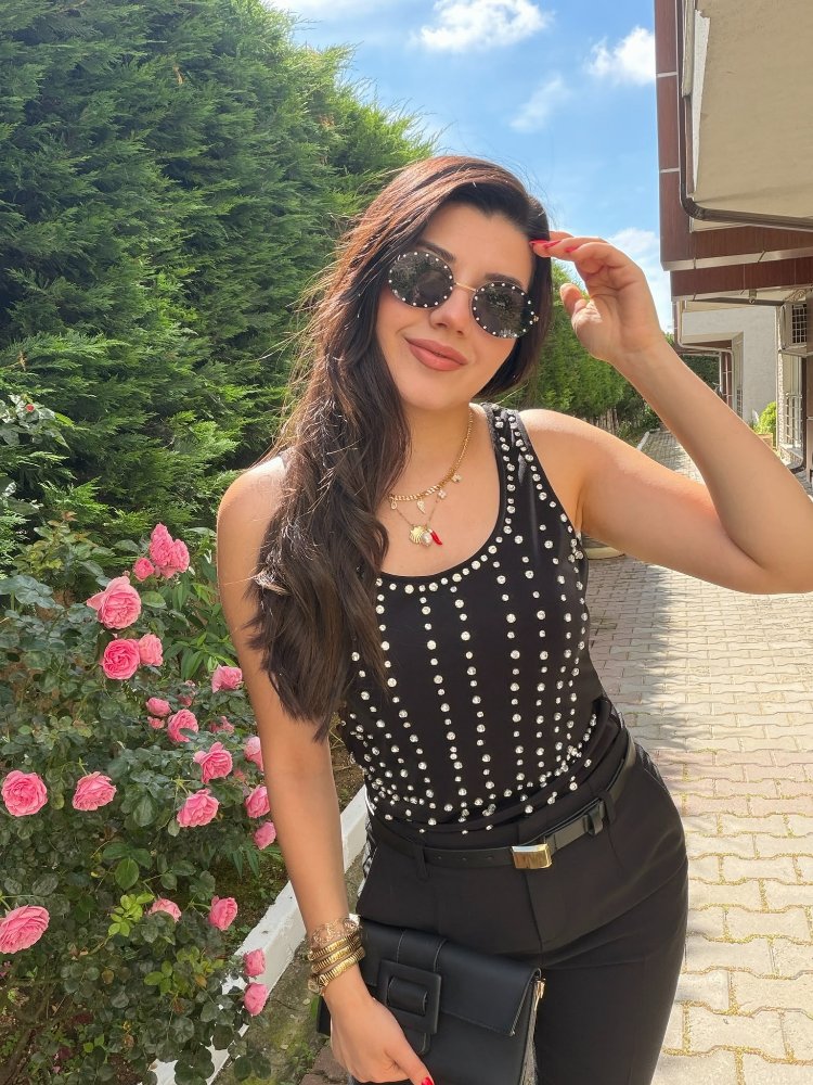 taşlı bluz siyah