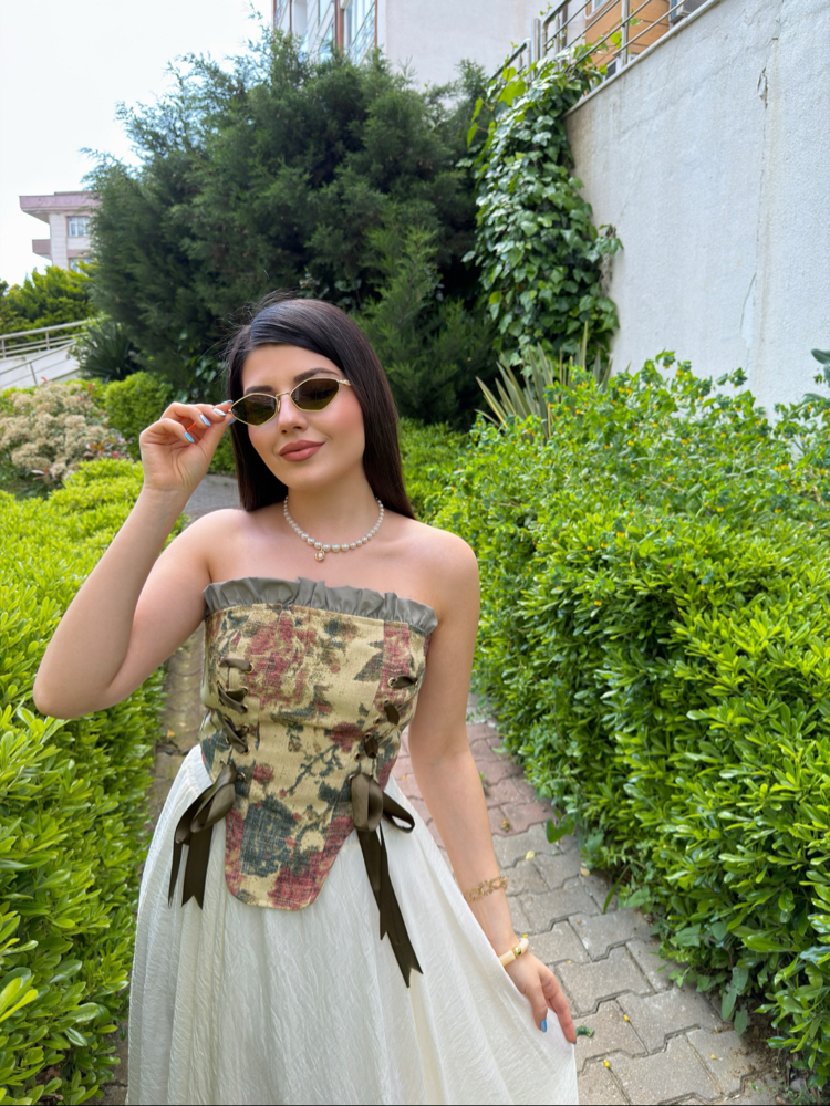 Çiçek desen korse haki 