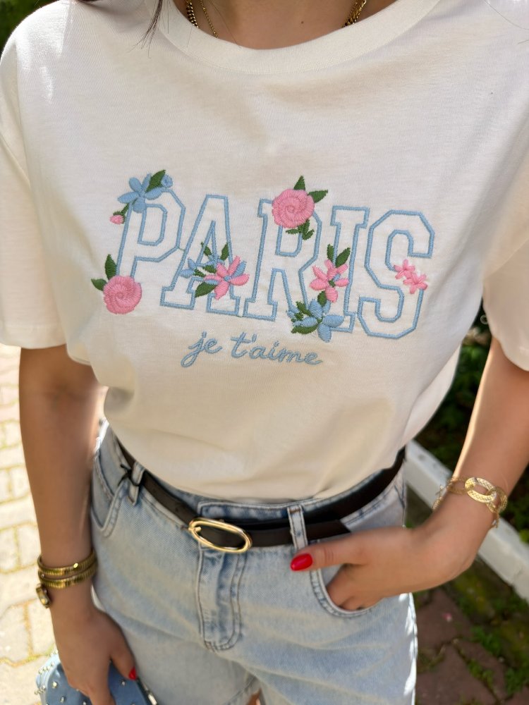 paris işlemeli Tshirt beyaz
